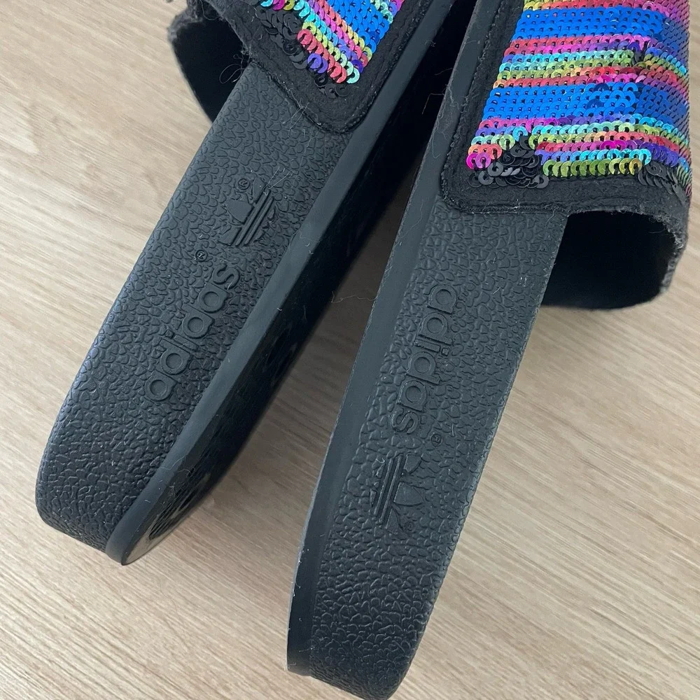 Adidas Adilette Rainbow Sequin Slides Black Multi Color Stripe Kids Size 3